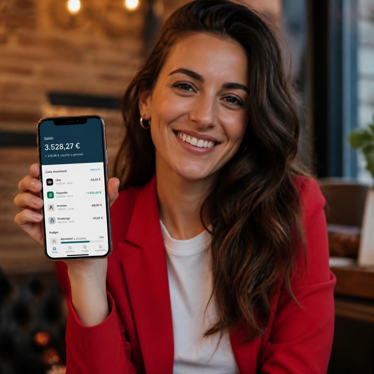 Utente Monethica mostra l'app sullo smartphone